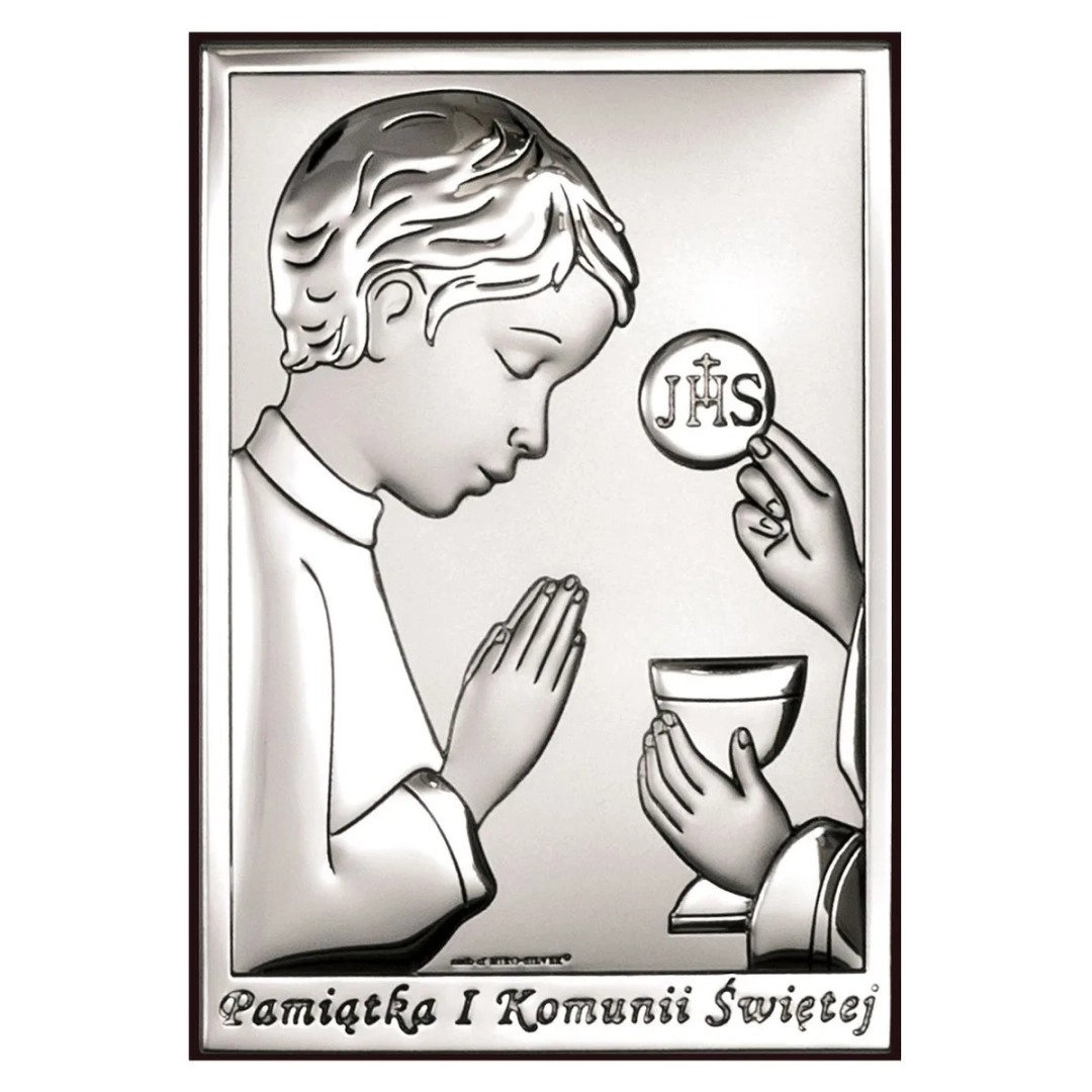 Obrazek srebrny Pamiątka I Komunii Świętej 6x9cm chłopiec