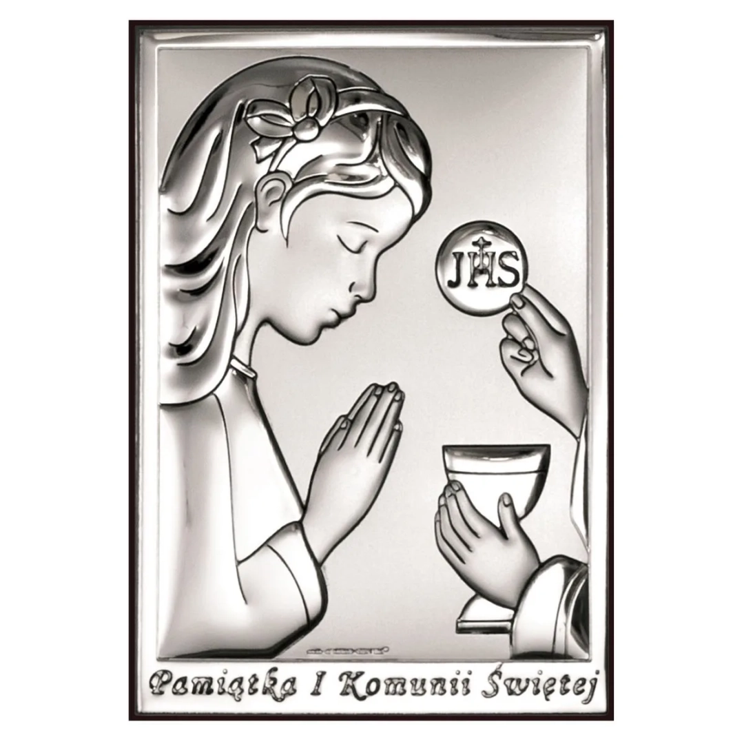 Obrazek srebrny Pamiątka I Komunii Świętej 9x13cm dziewczynka