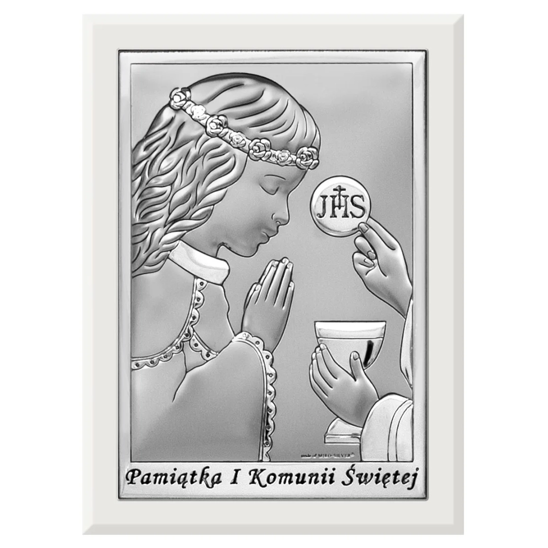 Obrazek srebrny Pamiątka I Komunii Świętej 11x15cm dziewczynka