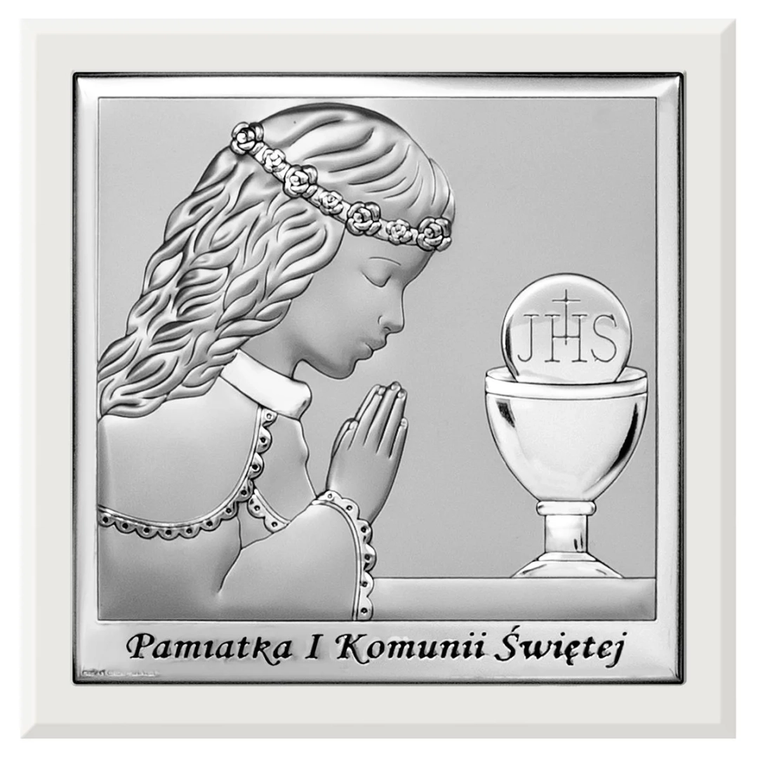 Obrazek srebrny Pamiątka I Komunii Świętej 14x14cm dziewczynka