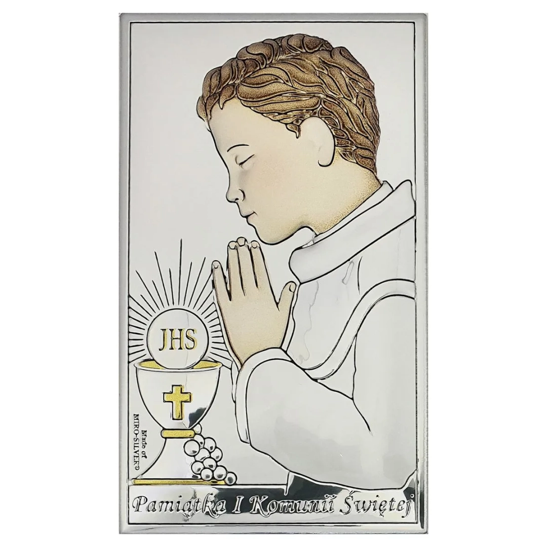 Obrazek srebrny Pamiątka I Komunii Świętej 9x15cm chłopiec