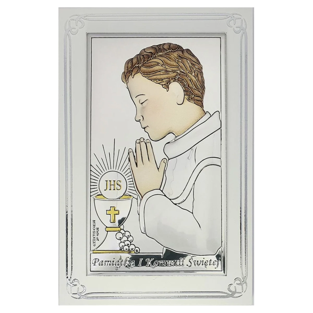 Obrazek srebrny Pamiątka I Komunii Świętej panel 9x13cm chłopiec
