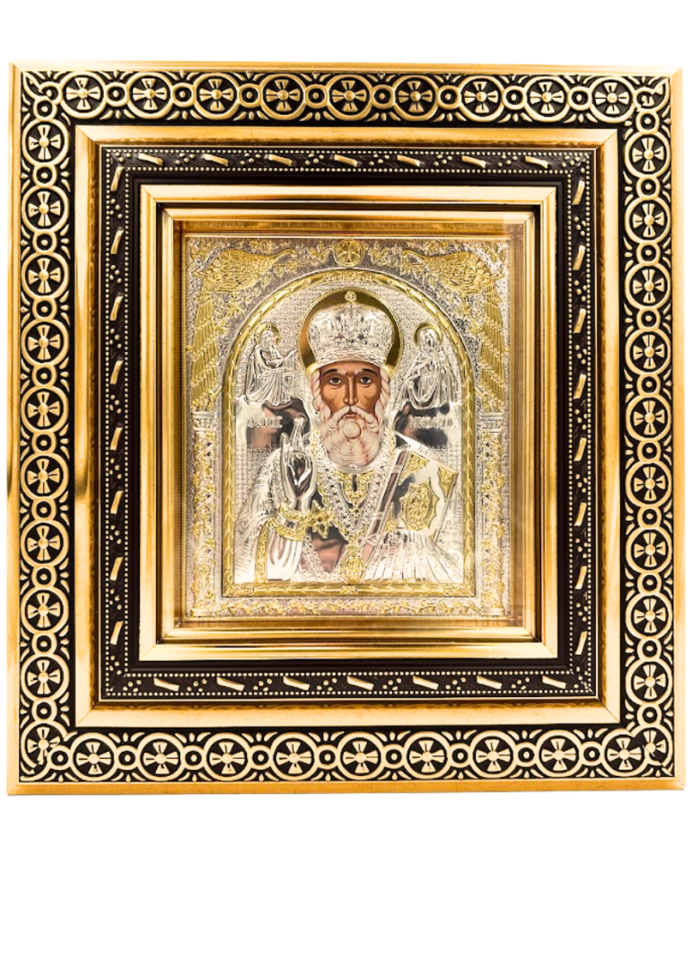 Ikona grecka srebrna za szkłem święty Mikołaj 30x33 cm