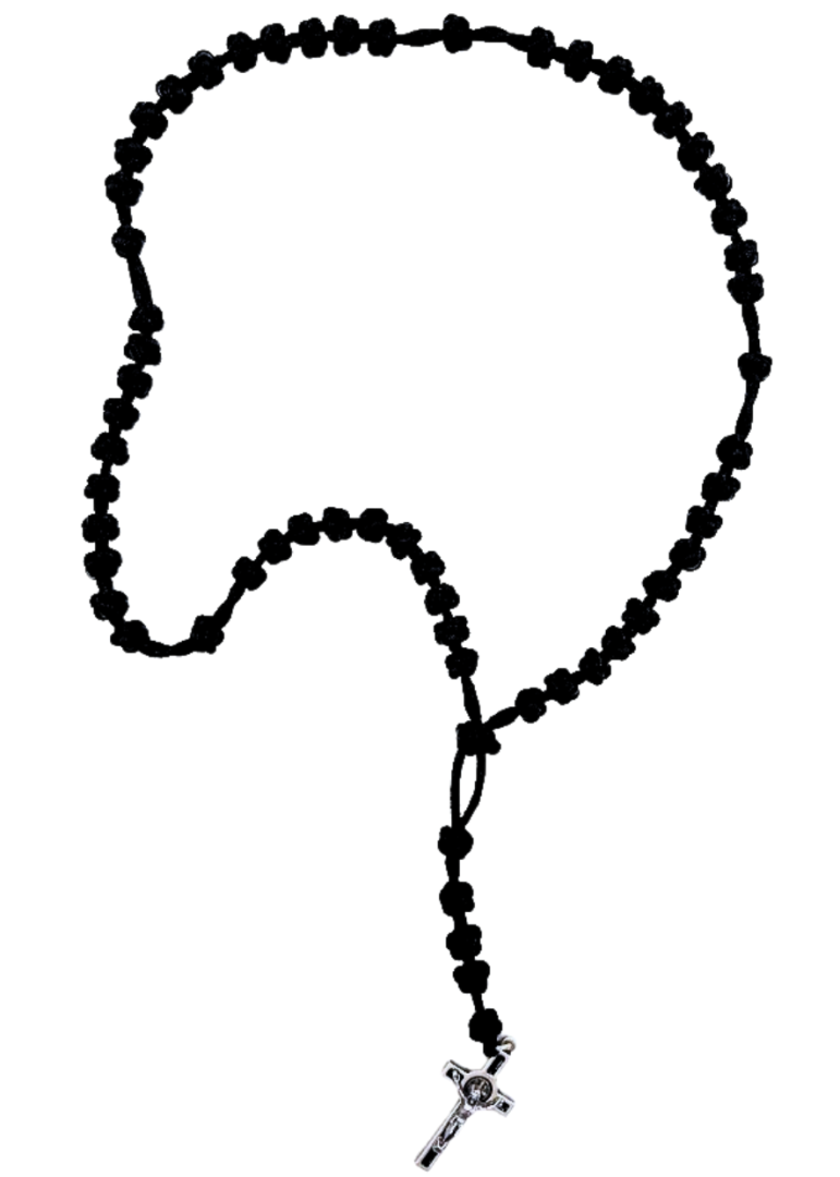 Różaniec sznurkowy pleciony czarny krzyż św. Benedykta