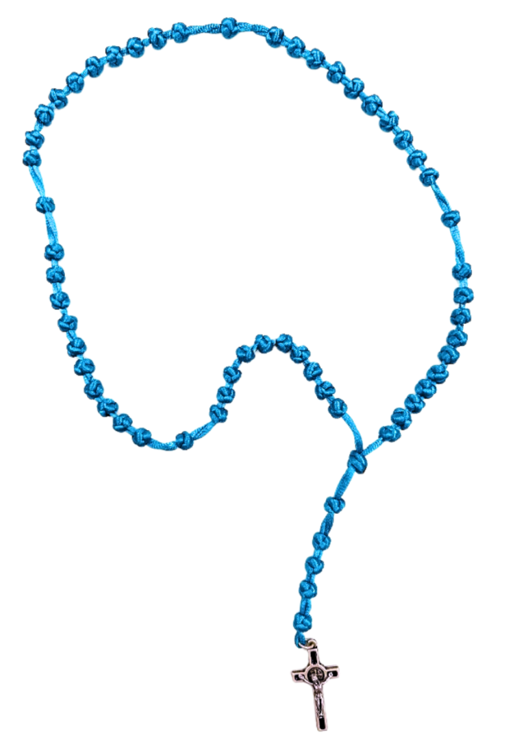 Różaniec sznurkowy pleciony jasno niebieski krzyż św. Benedykta