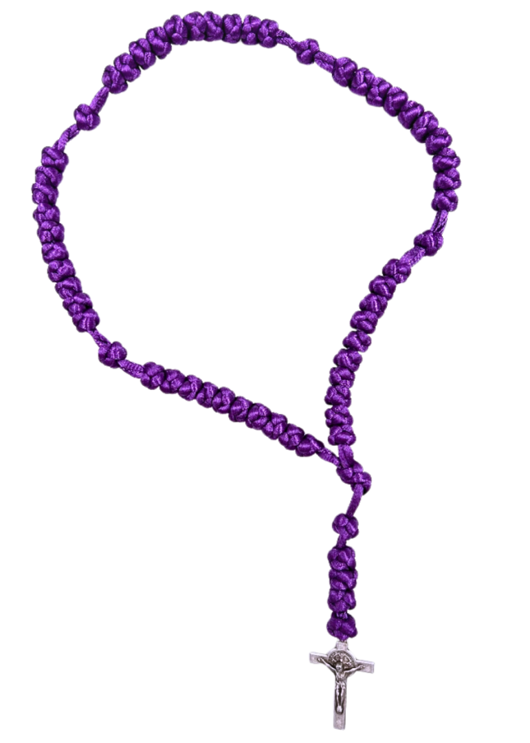 Różaniec sznurkowy pleciony fioletowy krzyż św. Benedykta