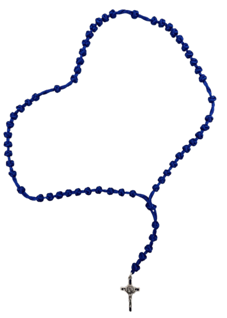 Różaniec sznurkowy pleciony ciemno niebieski krzyż św. Benedykta