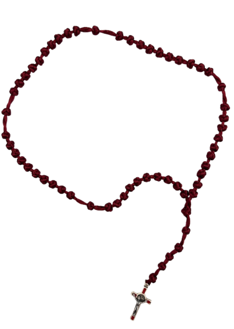 Różaniec sznurkowy pleciony bordowy krzyż św. Benedykta