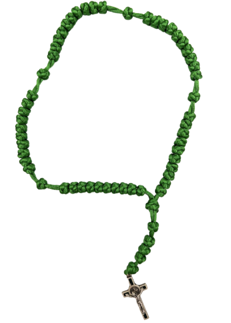 Różaniec sznurkowy pleciony zielony krzyż św. Benedykta