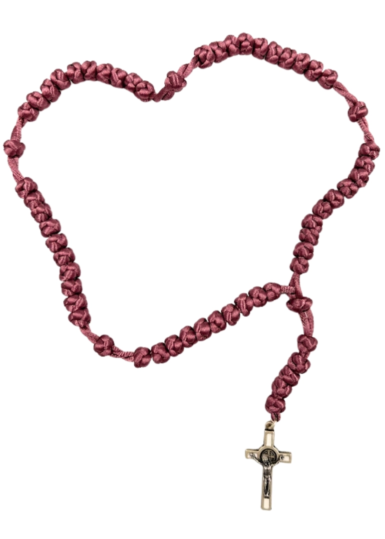 Różaniec sznurkowy pleciony brudny róż krzyż św. Benedykta