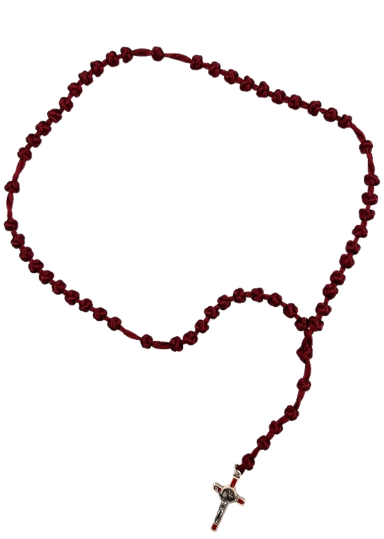 Różaniec sznurkowy pleciony wiśnia krzyż św. Benedykta