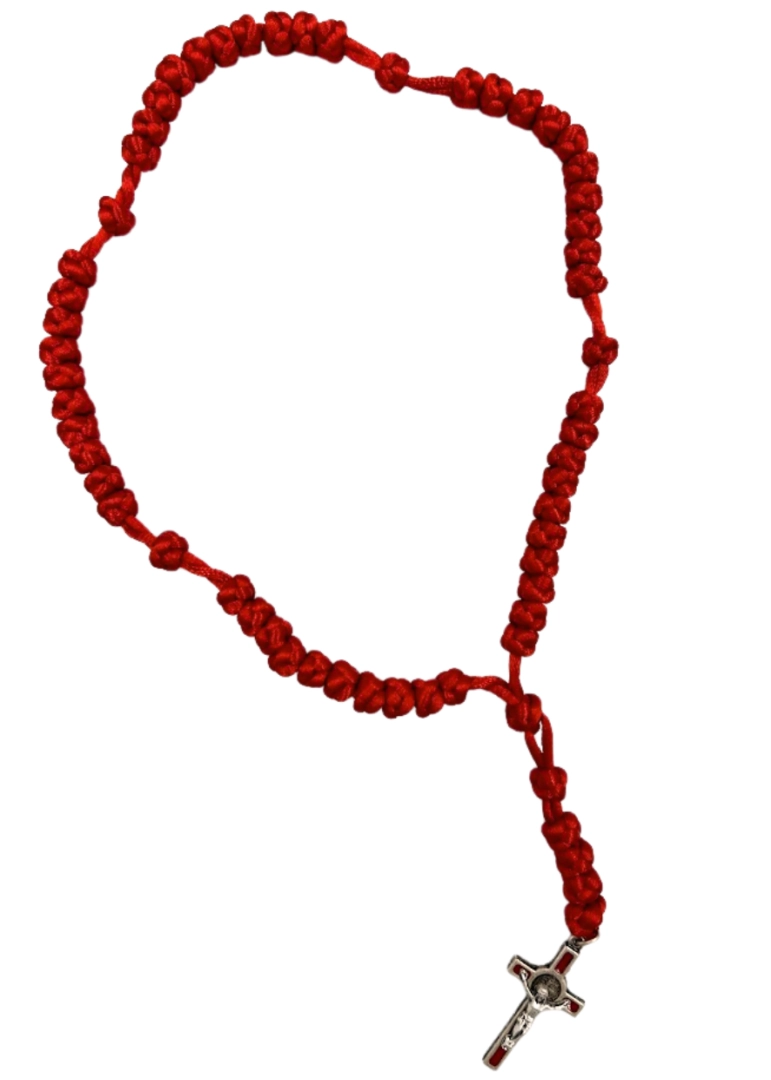 Różaniec sznurkowy pleciony czerwony krzyż św. Benedykta