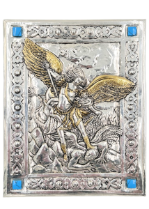 Ikona św. Michał Archanioł pozłacana, posrebrzana, turkus 21x17cm