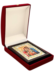 Ikona bizantyjska Święta Rodzina w welurowym pudełku 10x8 cm