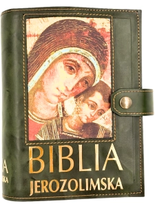 Okładka skórzana z ikoną na Biblię Jerozolimską małą zielona