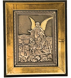 Ikona Obrazek metal Anioł Stróż z dziećmi na kładce 14,5x17 cm