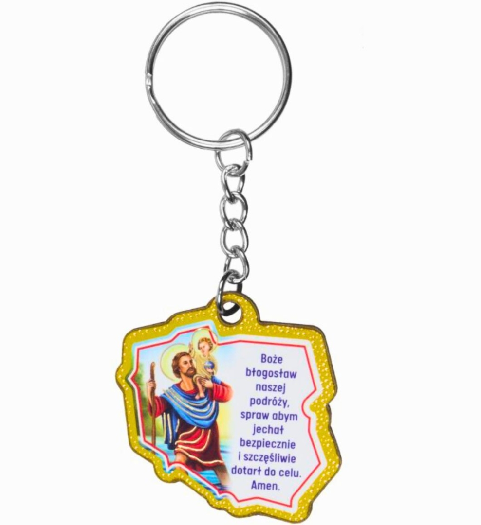 Brelok drewniany mapa Polski ze św. Krzysztofem 4x3,5cm