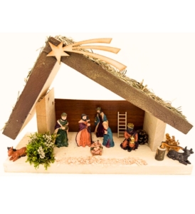 Szopka Bożonarodzeniowa drewniana z oświetleniem 33cm 8 figur 8cm