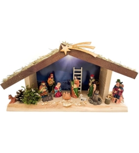 Szopka Bożonarodzeniowa drewniana z oświetleniem 44cm 10 figur 10cm