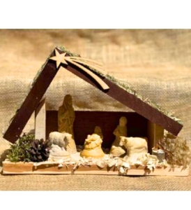 Szopka Bożonarodzeniowa drewniana z oświetleniem 33 cm 5 figur 12cm