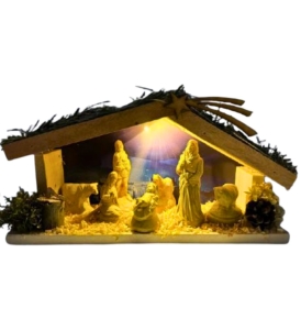 Szopka Bożonarodzeniowa drewniana z oświetleniem 36 cm 7 figur 12cm 