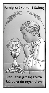 Obrazek srebrny Pamiątka I Komunii Świętej IHS 7x14cm dla chłopca