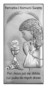 Obrazek srebrny Pamiątka I Komunii Świętej IHS 9x18cm dla dziewczynki