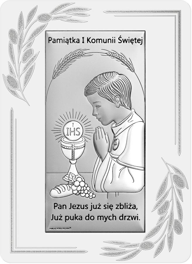 Obrazek srebrny Pamiątka I Komunii Świętej IHS 13x18cm dla chłopca