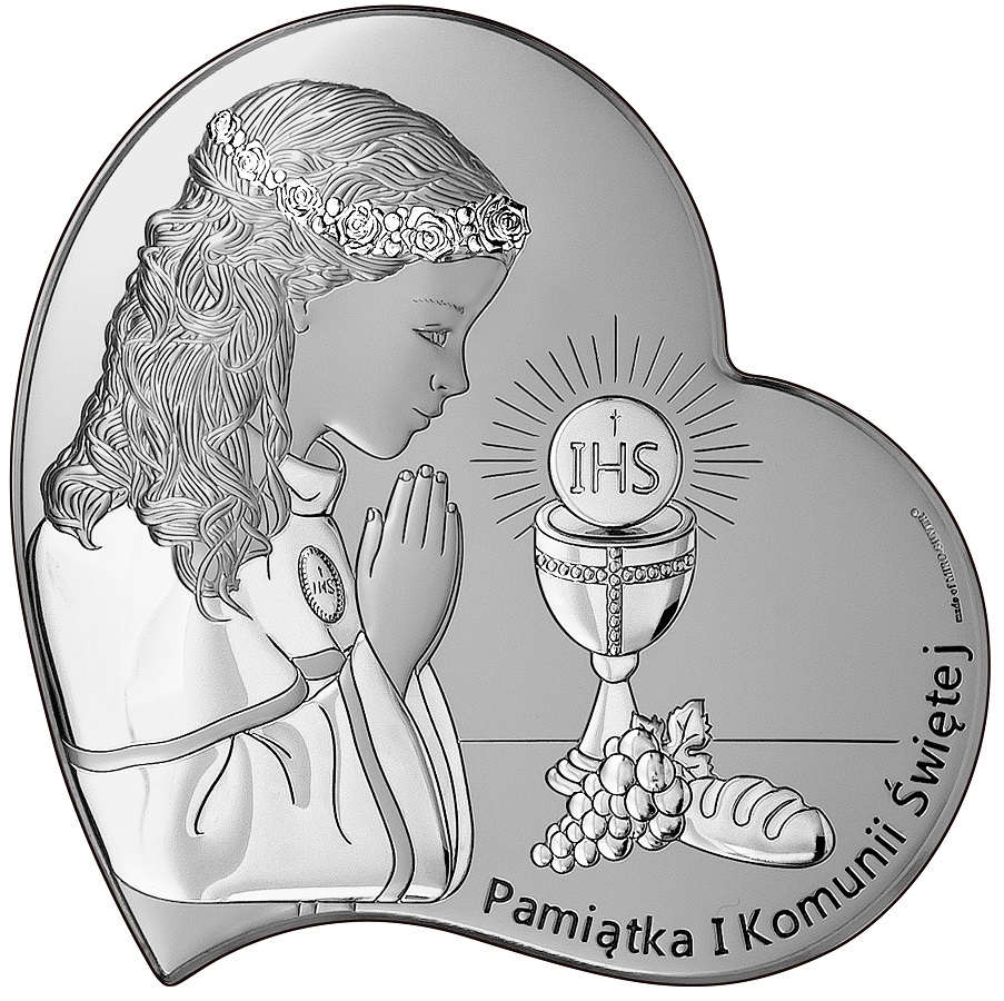Obrazek srebrny Pamiątka I Komunii Świętej IHS 10x10cm dla dziewczynki 