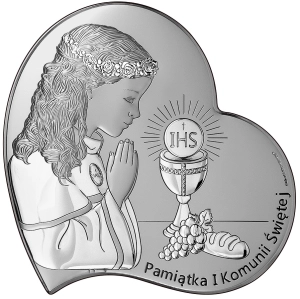 Obrazek srebrny Pamiątka I Komunii Świętej IHS 13x13cm dla dziewczynki