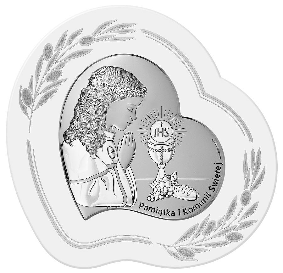 Obrazek srebrny Pamiątka I Komunii Świętej IHS 15,5x15cm dla dziewczynki