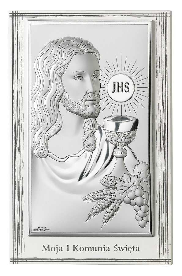 Obrazek srebrny Pamiątka I Komunii Świętej IHS 9/10,5cm 