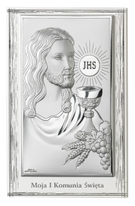 Obrazek srebrny Pamiątka I Komunii Świętej IHS 9/10,5cm 