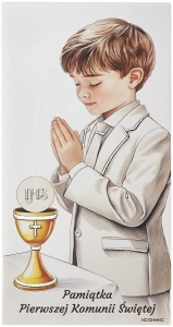 Obrazek na drewnie Pamiątka I Komunii Świętej dla chłopca 9x18cm