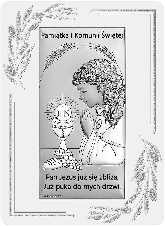 Obrazek srebrny Pamiątka I Komunii Świętej IHS 9,5x13cm dla dziewczynki