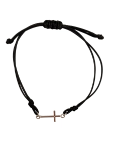 Bransoletka z krzyżykiem srebrnym na sznurku - czarna