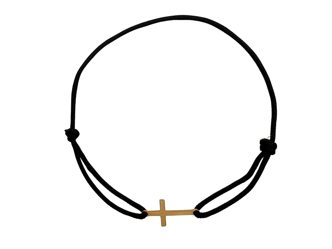 Bransoletka z krzyżykiem pozłacanym na sznurku - czarna