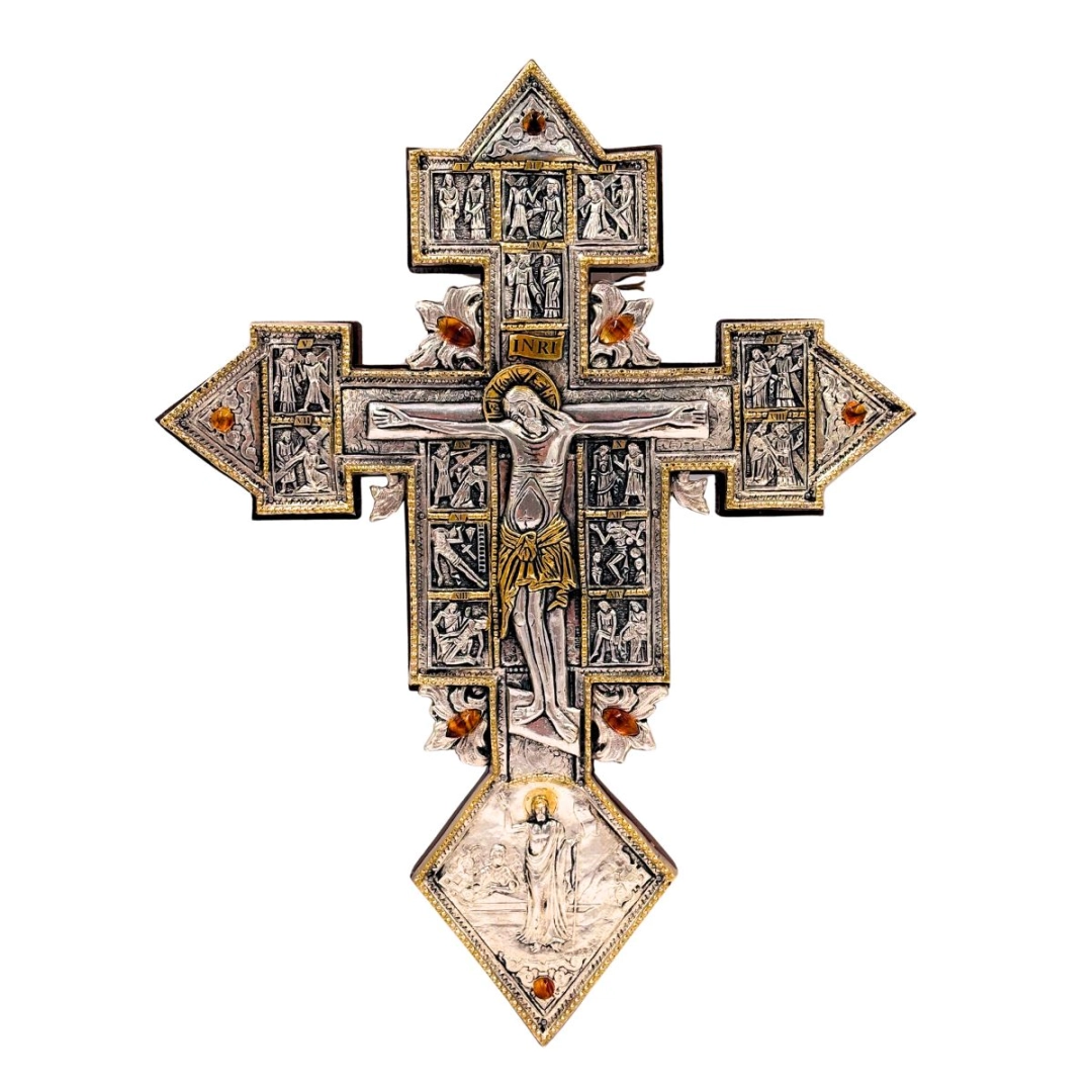 Krzyż droga krzyżowa pozlacany, posrebrzany, bursztyn 28x38cm metal 96 ABC