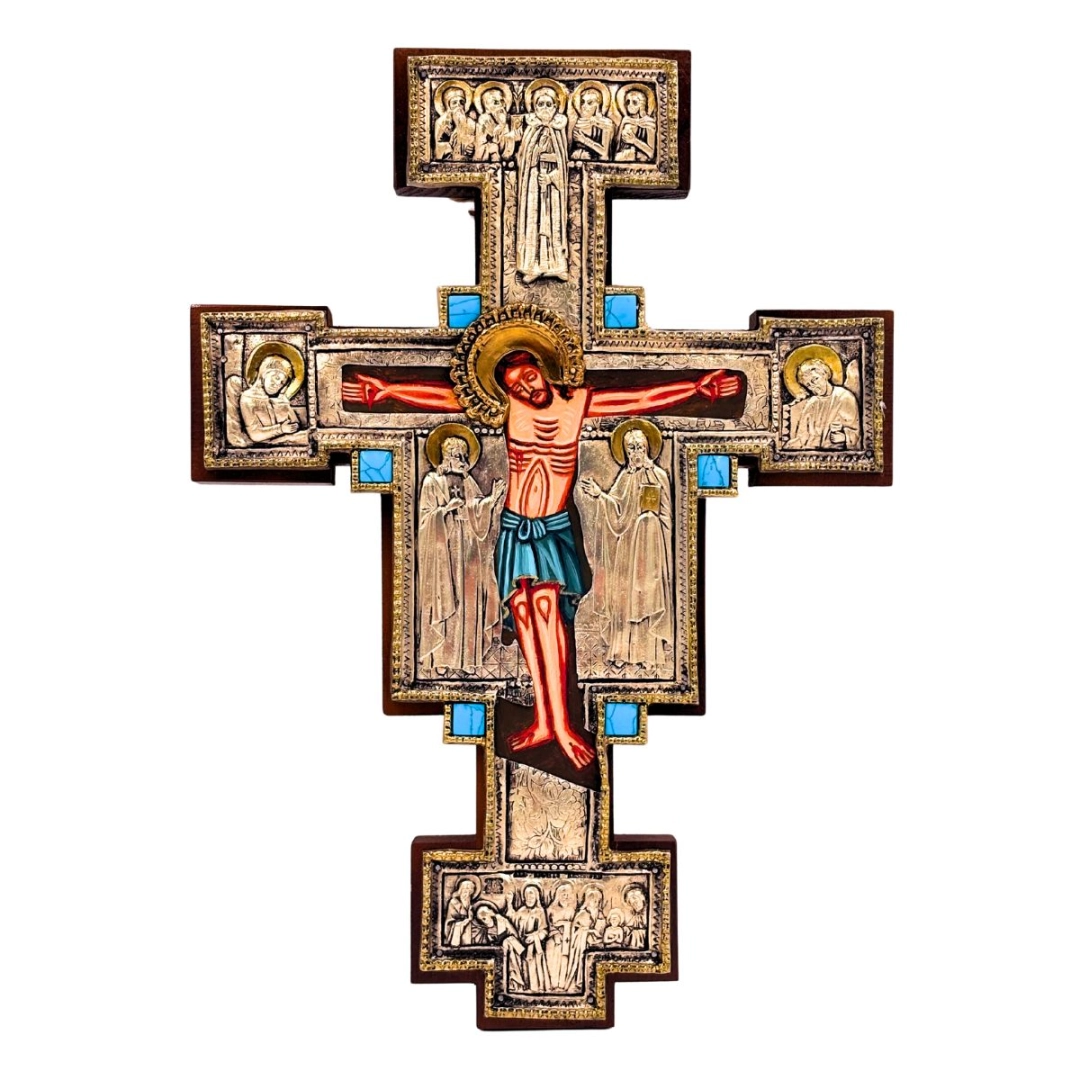 Krzyż St. Damiano 31x22cm pozłacany i posrebrzany, turkus ikona 79PP ABC