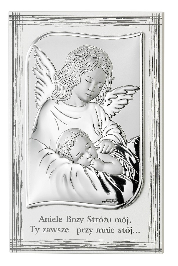 Obrazek srebrny Anioł Stróż na desce 17,5x11,5cm 82109/4LPL WIK-G