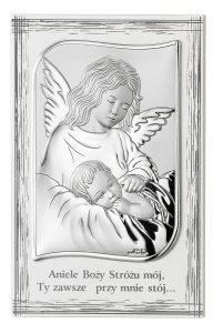 Obrazek srebrny Anioł Stróż na desce 17,5x11,5cm 82109/4LPL WIK-G