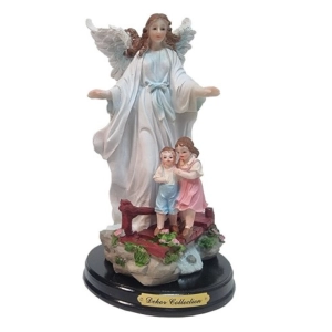 Figurka Anioł Stróż z dziećm na mostku 22cm niebieski 0833 D-G