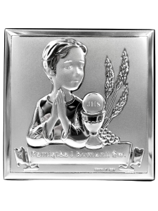 Obrazek srebrny Pamiątka I Komunia Święta chłopiec 8 cm x 8 cm