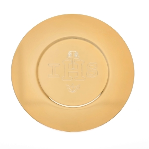 Patena kielichowa, mszalna mosiądz pozłacany 15,5 cm IHS