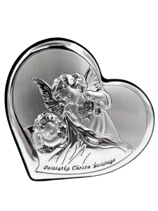 Obrazek srebrny Pamiątka Chrztu Świętego aniołek z latarenką serce 8 cm x 7 cm