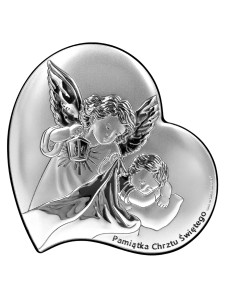 Obrazek srebrny Pamiątka Chrztu aniołek   z latarenką serce 13 cm x 13 cm