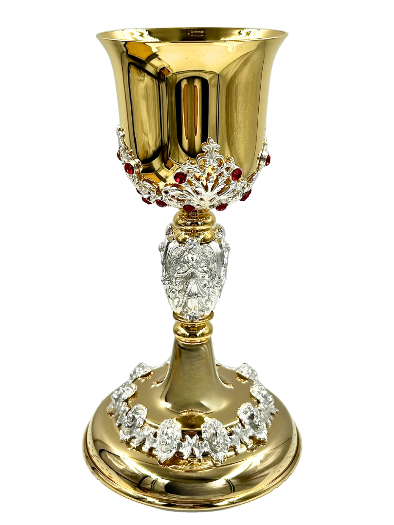Kielich mosiądz pozłacany zdobiony rubinami 24 cm