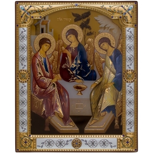 Ikona Święta Trójca 16,5 x 20,5 cm posrebrzana, złocona, szkło