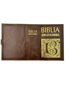 Okładka na Biblię Jerozolimską małą złocone wytłoczenia skóra brązowa twarda 