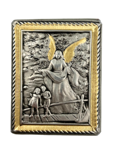 Ikonka metal Anioł stróż kładka złota ramka 5 cm x 6,5 cm